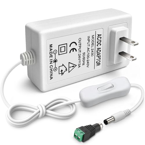 Image of 24V 3A Power Supply 72W, 24 Volt DC Power Adapter with On/Off Switch, 110V AC to 24V Transformer Plug with 5.5x2.1mm DC Female Connector for LED Strip Lights