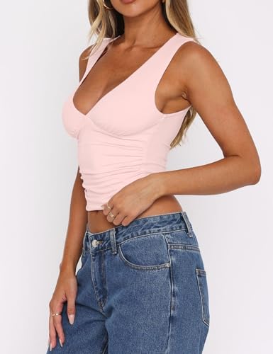 ForeFair Womens Deep V Neck Crop Tank Tops Going Out Double Lined Sexy Crop Top Sleeveless Slim Fit Y2k Summer Tops Pink,L by ForeFair - Used condition - Image 6