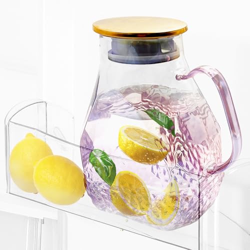 Daily Treasures Bouteille d'eau rose pour réfrigérateur, pichet en verre de 1,8 l avec couvercle, élégant pichet en verre avec couvercle pour réfrigérateur, carafe d'eau chaude et froide avec poignée,