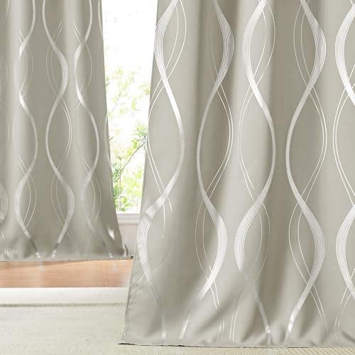 NICETOWN Room Darkening Curtains for Bedroom, Natural, 2 Panels, 52 x 84 inch, Noise Reducing Thermal Insulated Wave Line Foil Print Design Blackout C