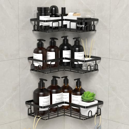 UUlioyer Étagère de Douche sans Percage, Etagere Salle Angle de Bain, Rangement Douche pour Nettoyant pour Corps de Shampoing (3 Pièces Etagère Salle Angle- Noir)