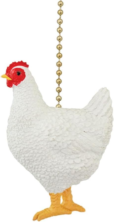 Clementine Design White Rooster Country Chicken Ceiling Fan Pull Chain Light Decorative Extension with 6" Gold Accent Chain, 3D Resin Design