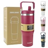 SIMPLE DRINK 30oz Flip Straw Insulated Water Bottle with Handle, Leak Proof Stainless Steel Travel Tumbler With Lid, Double Wall Vacuum Iced Coffee Travel Mug, Sport Cup, Outside use