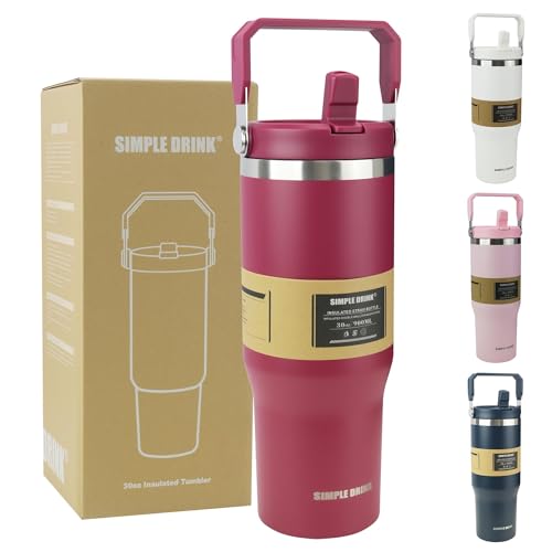 SIMPLE DRINK 30oz Flip Straw Insulated Water Bottle with Handle,