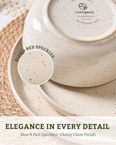Image of Famiware Meteor Stoneware Dinnerware Sets with Pasta Bowls, Service for 4 (16 Pieces), Plates and Bowls Sets, Microwave and Dishwasher Safe Dishes Set, Creamy White