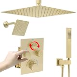 NPYSVSSS Dual Shower Heads Shower System with 16" Ceiling Mounted Rain Shower Head & 6" Wall Mounted Head Full Body Shower System 3 Way Thermostatic Shower Valve Can All Run Together, Brushed Gold