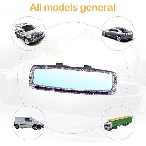 Image of Osilly Bling Car Rearview Mirror, Decorations Rear View Mirror with Crystal Rhinestones & Diamonds, Car Interior Trim Accessories, Clip-on & HD Glass, Sparkly Gift (Purple)
