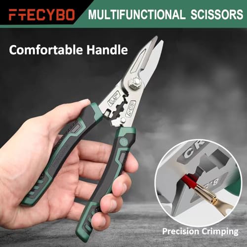 Image of Heavy Duty Industrial Scissors 8.5'', Utility Sharp Aviation Tin Snips, Finely Serrated CR-V Blades with Safety Lock, for Cutting Wires, Cardboard, Plastic, Carpet, Metal Sheet