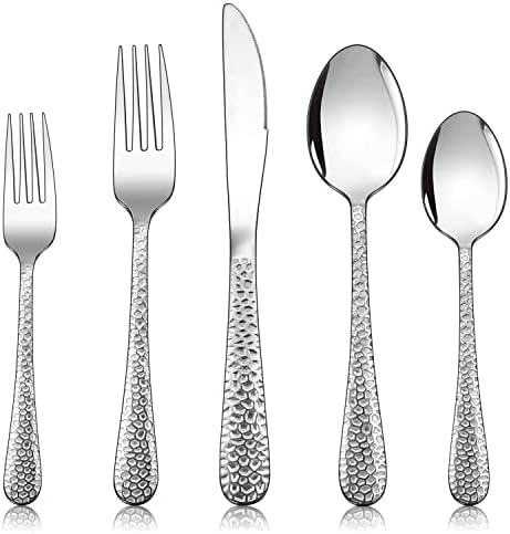 Homikit 40 Pieces Hammered Silverware Set, Stainless Steel Flatware Cutlery for 8, Fancy Metal Tableware Eating Utensils Include Knives Forks Spoons, Mirror Polish, Dishwasher Safe