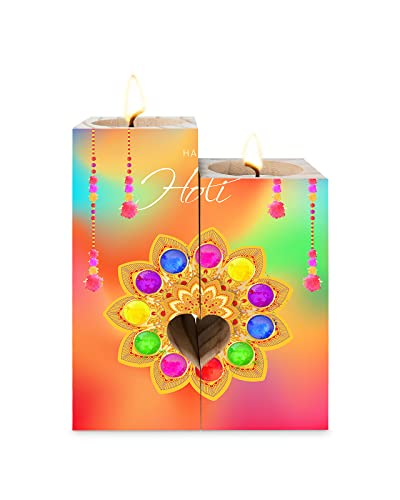 Indian Mandala Candle Holder With Tea Light, Vintage Wood Tealight Candle Stick Holder Pillar Centerpiece, Traditional Holi Festival Heart-Shaped Tall Wooden Tea Light Candle Holders Decor Set #TOP28