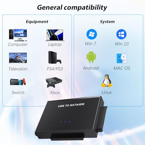 Adaptador IDE a USB y SATA HDD SSD para Windows 10 Mac y Linux con cable de corriente 7