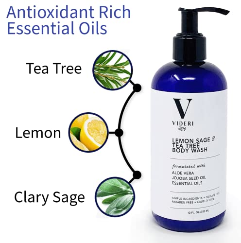 Videri Lemon Sage & Tea Tree Body Wash - Essential Oils, Aloe Vera & Jojoba - Antioxidant Rich, Gentle On Skin & Fresh Citrus Scent - Cruelty, Sulfate & Paraben Free, Vegan, Large 12 Fl Oz #TOP1