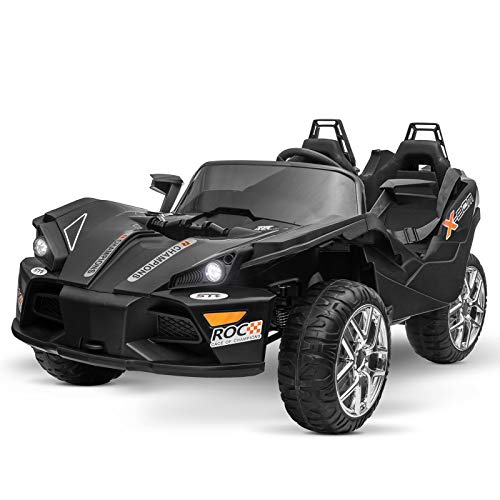Uenjoy 2 Seats Kids Car 12V Ride On Racer Cars Battery Operated Electric Cars w/ 2.4G Remote Control,Spring Suspension Wheels,3 Speeds,LED Lights,Music,AUX Cord,USB Port,Car Key,Black