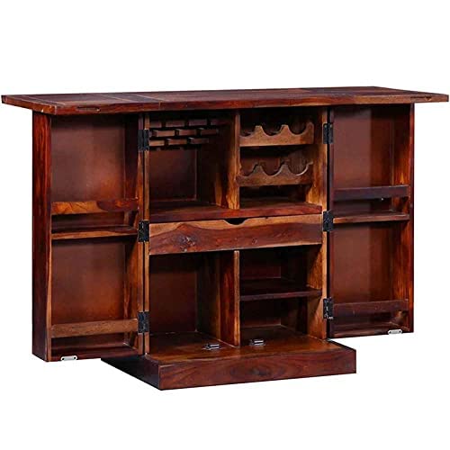 Image of Jangid Handicraft Solid Sheesham Wood Bar Cabinet for Home | Big Wooden Bar Cabinets with Glass & Wine Storage Rack with Drawer | Rosewood, Honey Oak Finish