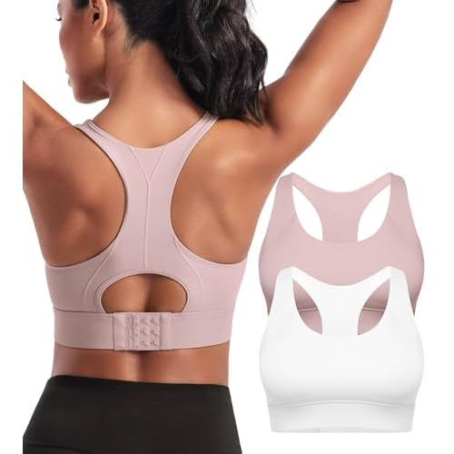 Sports Bras for Women High Support Racerback High Impact Sports Bra Push Up Womens Padded Workout Running Gym Yoga Tops 2pcs-white/Pink Medium
