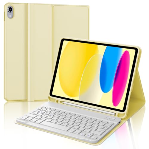 Funda con Teclado para iPad A16 11ª Generación 2025/10ª Generación 2022, Teclado Bluetooth Inalámbrico, Funda Delgada con Ranura para Bolígrafo para iPad 11ª/10ª Gen 10.9/11 Pulgadas, Amarillo Claro