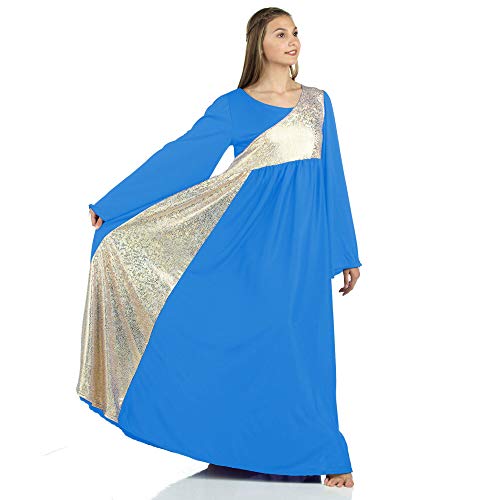 Danzcue Womens Shimmery Asymmetrical Bell Sleeve Dance Dress, Bright Royal-Gold, M