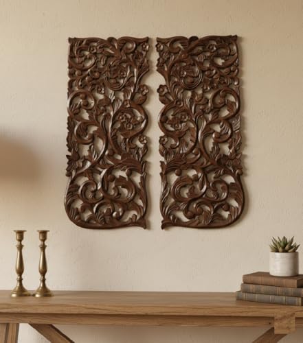 Image of VAS Collection Home Floral MDF Wall Decoration Panel, Wall Decoration Hanging, Wood Carving Wall Decoration Panel for Living Room, Bedroom, Hallway, Office (12 inch Inch X 27 inch Inch (Walnut)