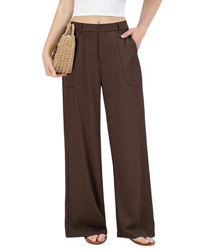 JEKAOYI Womens Cotton Linen Pants Wide Leg Casual Pull On Trousers Brown