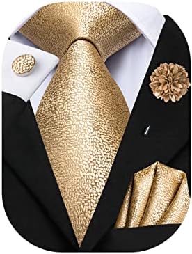 Hi-Tie Classic Mens Tie Flower Lapel Pin Set Silk Woven Necktie Pocket Square Cufflinks Red Pink Gold Blue Wedding Tie