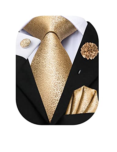 Hi-Tie Classic Mens Tie Flower Lapel Pin Set Silk Woven Necktie Pocket Square Cufflinks Red Pink Gold Blue Wedding Tie,Deep Gold