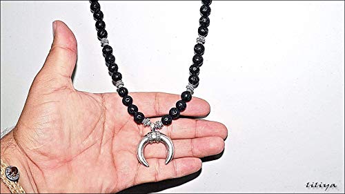 Men Necklace - Moon Necklace - Lava Beads - Men Neckless - Gift For Men - Long Necklace - Men Jewelry - Moon Pendant - Half Moon Pendant #TOP4
