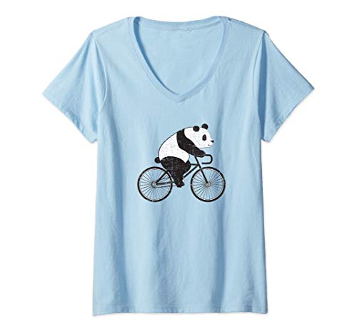 Mujer Panda Riding A Bicycle Cute Cyclist Illustration Camiseta Cuello V
