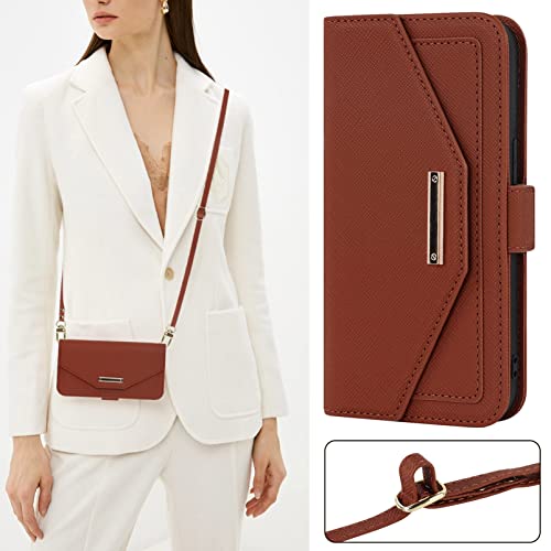 Jaorty Crossbody Wallet For Iphone Xr Case With Adjustable Lanyard Strap Credit Card Holder 6.1",Pu Leather Handbag Purse Kickstand Make Up Mirror Cover Case For Men Women Girl,Brown #TOP3