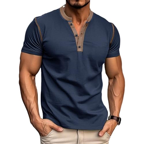 Mens Casual Short Sleeve Henley Shirts Classic Summer T-Shirt v Neck Lightweight Tee Navy