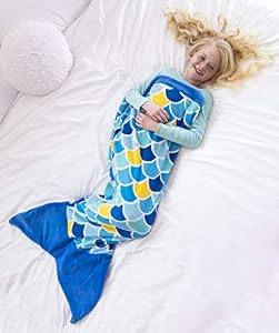 Image of Fin Fun Mermaid Tail Blanket for Girls - Cuddle Tail Slumber Bag (Wave Blue, Kids)