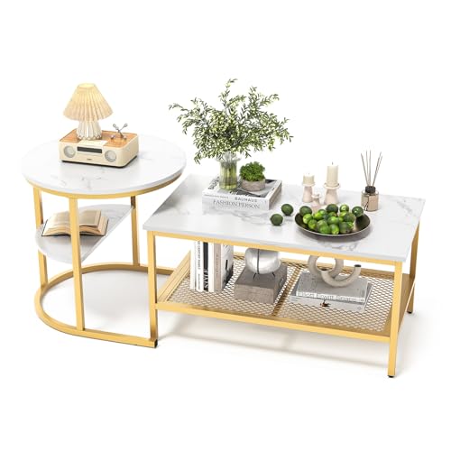 Luminarix Lot de 2 tables basses rondes et rectangulaires avec espace de rangement, aspect marbre, cadre en métal, table de salon, table basse, blanc et doré