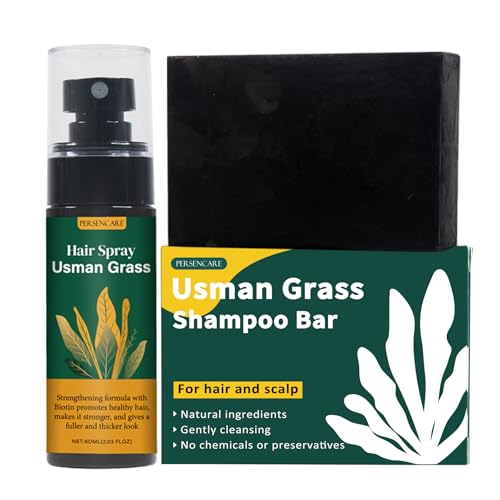 Natural Usman Shampoo Bar + Spray Set, Usma Grass Black Soap for Women and Men Gray Hair Reverse, Hair Thickening & Darkening Liquid Mist, Cover Grey Reducing Thinning Hair Loss Scalp Care Serum