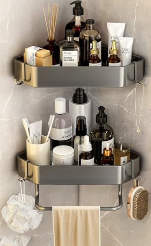 Royal-Pro Bathroom Shelf for Wall Corner - Pack of 2 Adhesive Rack Organiser for Bathroom Without Drill Nail Free Stainless Steel Rust Proof Two Ways Installation with All Accessories