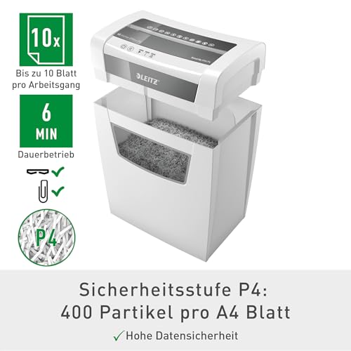 Leitz IQ Aktenvernichter Home Office, 12-10 Blatt (70-80 g/m²), TÜV+GS zertifiziert, Partikelschnitt, Sicherheitsstufe P4, Die Nummer 1 am Markt, 23L Behälter, Schredder für Büro, Weiß, 80090000