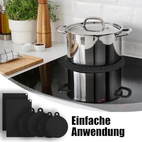 CAAGGMM Induktionsschutzmatte, 6 Stück 0,7mm Silikon Glasfaser Induktionskochfeld Schutzmatte, Rund Rechteckig Induktionsfeld mit Aufhängering, für das Kochen in der Küche, Schwarzes Rautenmuster