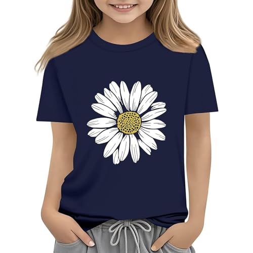 T Shirts Kids Girls Crewneck Short Sleeve Trendy Graphic Flower Tshirts Teenage Girls Summer Comfy Cartoon Cute School Casual Sports Children Tunic Tops Age 3-13 Years (Navy, 10-11 Years)
