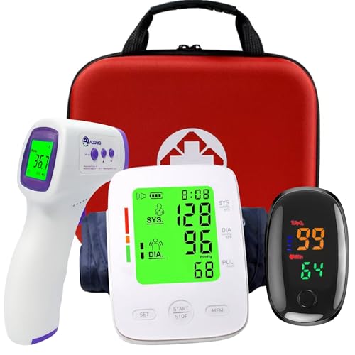 Tensiomètre Bras Électronique + Oxymètre de Doigt + Thermomètre Frontal – Kit Santé à Domicile 3en1 avec Mallette Rigide – Grands Écrans – Pack...