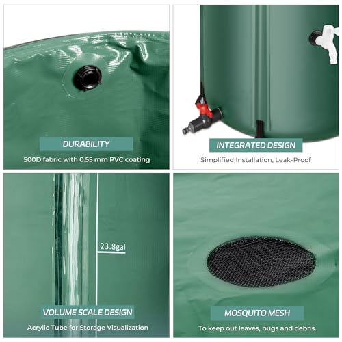 Rain Barrels to Collect Rainwater from Gutter - Rain Collection Barrel Water Barrel Rainwater Collection System Collapsible Rain Barrel Include Filter Two Spigots and Overflow Kit (53 Gallon, Green)