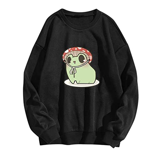 PYUIYY Womens Cute Frog Sweatshirt Kawaii Pilz Hoodie für Teen Girls Kleidung Hoodie Flauschige Pullover (Black-e, S) Cover