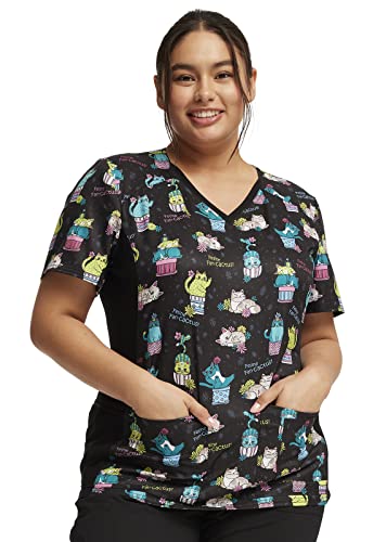 Cherokee iFlex Women Scrubs Top V-Neck Knit Panel CK636, L, Feline Fan-Cactus