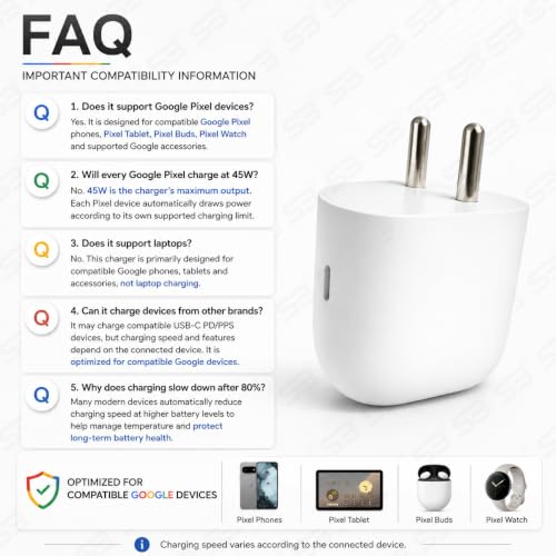 Image of 45W PPS Charger with 1m USB C to C Cable, PD 3.0 Fast Charging Adapter Compatible with Google Pixel 11 /10 /9 /8 /7 /6 Series, Pixel Tablet & Buds, BIS Certified Type C Wall Charger
