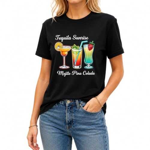 Image of Women Pina Colada Cocktail Graphic T-Shirt Tropical Pineapple Drink Summer Beach Hawaiian Holiday Tee Tops (UK, Alpha, XXL, Regular, Regular, Black-Tequila Sunrise)
