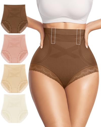 Image of Women's Underwear 4 Pack High Waisted Tummy Control Ladies Panties with Lace Comfortable Briefs Full Coverage