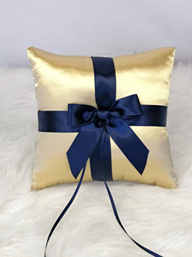 Abbie Home Flower Ring Bearer Pillow in Gold Satin Cover with Navy Blue Ribbon Bow Décor Party Favor Set-Navy Bow Pillow