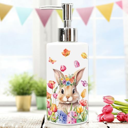 JarThenaAMCS Easter Soap Dispenser Glass Dispenser with Pump Floral Bunny Rabbit Flower Refillable Liquid Soap Container for Spring Kitchen Bathroom Countertop Decor
