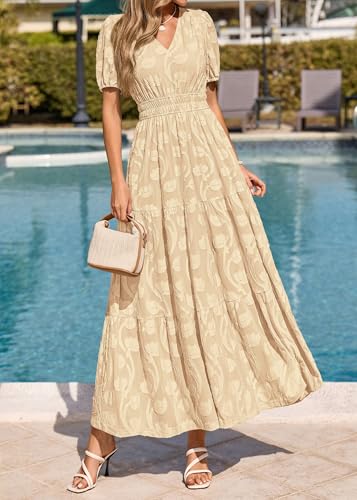 Image of KIRUNDO Summer Dresses for Women 2026 Boho Flowy Casual Short Sleeve V Neck Elastic Waist Floral Long Baby Shower Maxi Dress