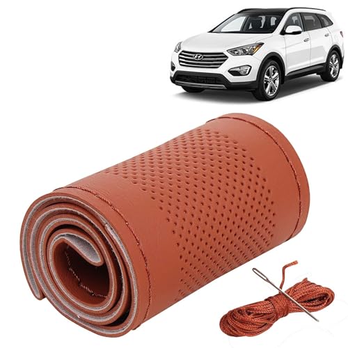 Image of KINGSWAY PU Leatherite Car Steering Cover Sewable Compatible with Hyundai Santa Fe (Year 2017 Onwards), Tan Color with Tan Thread, Pack of 1 with Sewing Needle and Thread