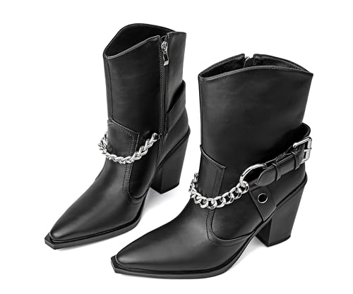Image of Women's Chain Detail Western Ankle Boots Pointed Toe Block Heel