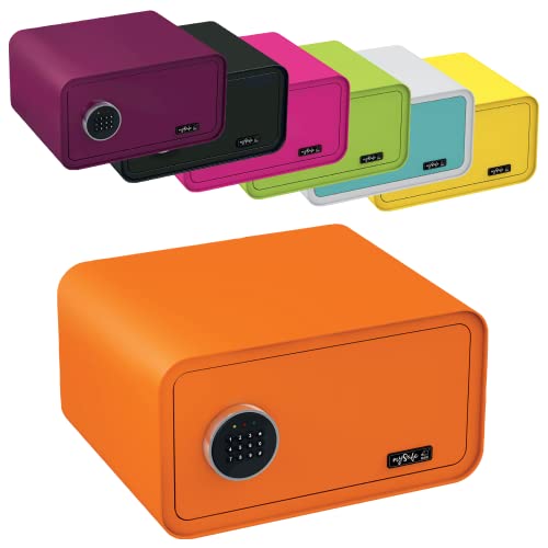mySafe 430 Code caja fuerte electrónica con cerradura de combinación 23 x 43 x 35 cm, caja fuerte para muebles de acero, doble perno, alarma y llave de emergencia, montaje en pared, naranja