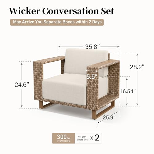 Image of SUNSHINE VALLEY 2 Pieces Patio Furniture Set, Outdoor Rattan Wicker Armchairs with 10''Ultra-Thick Cushions,All Weather Patio Conversation Set, Low Profile Lawn Garden Backyard Chairs